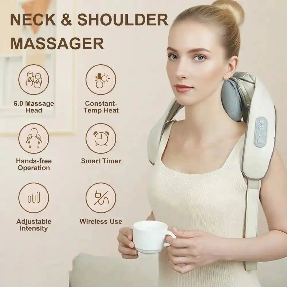 Wireless Electric Neck Massager - 3D Shiatsu Kneading with Heat Massage Roller Tidesmit