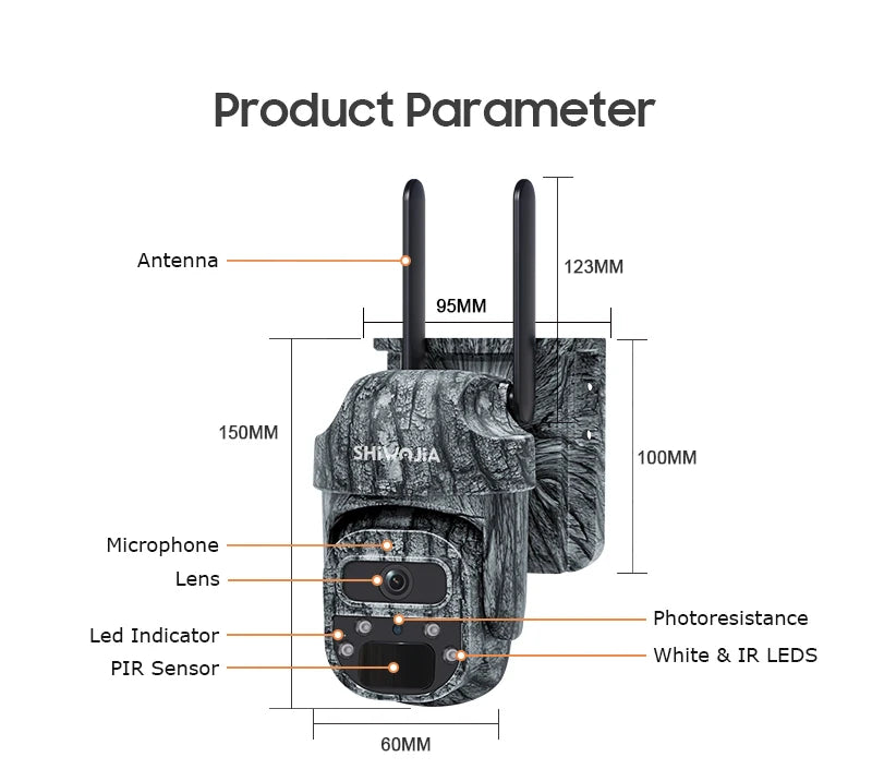 SHIWOJIA Mini PTZ Camouflage Solar Camera 4G WiFi IP65 Wide Angle AI Animal Detection Trail CCTV Security for Hunting Outdoor