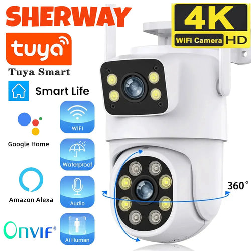 White outdoor dual-lens PTZ WiFi security camera with black lens housing and status LEDs