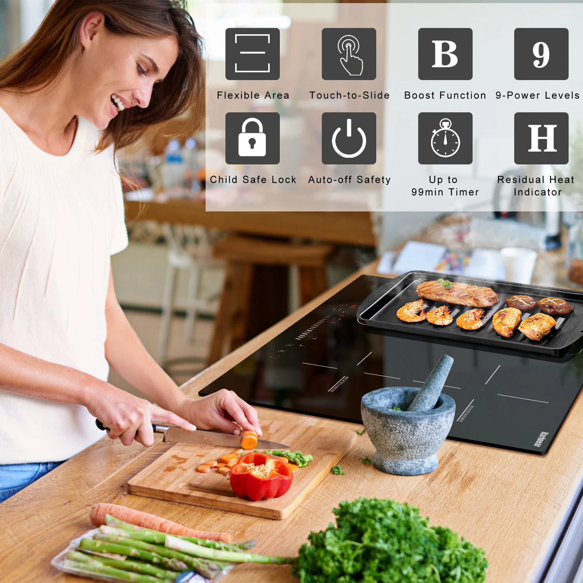 Black induction cooktop with touch controls, flex zone heating, and cooking on glass top