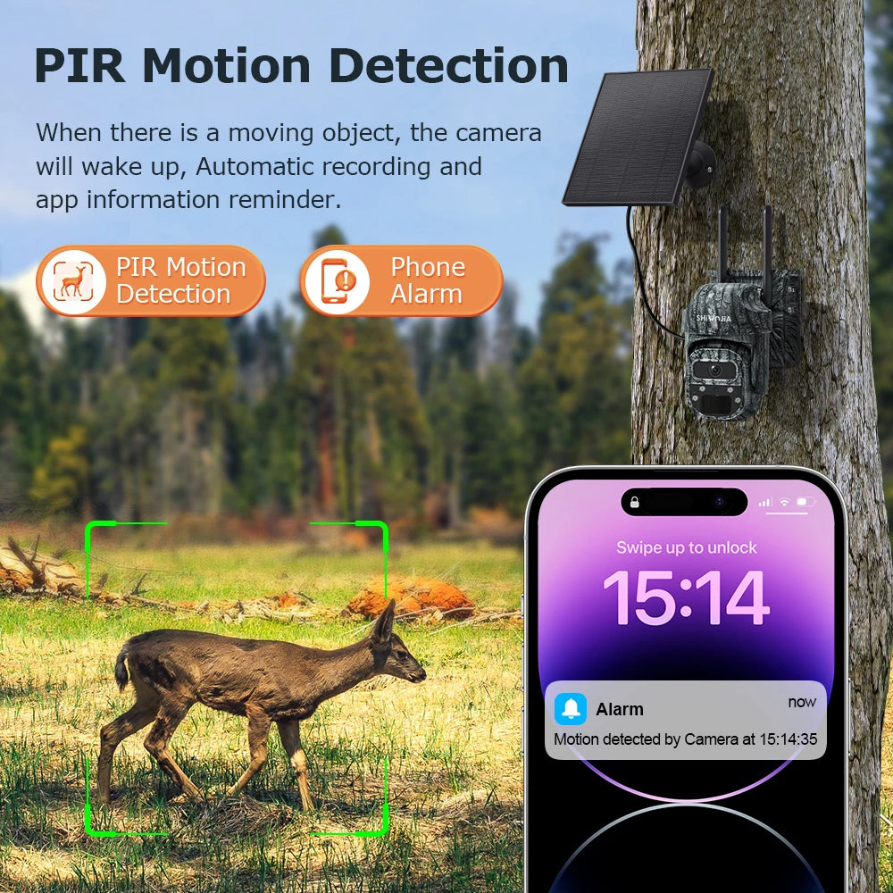 SHIWOJIA Mini PTZ Camouflage Solar Camera 4G WiFi IP65 Wide Angle AI Animal Detection Trail CCTV Security for Hunting Outdoor