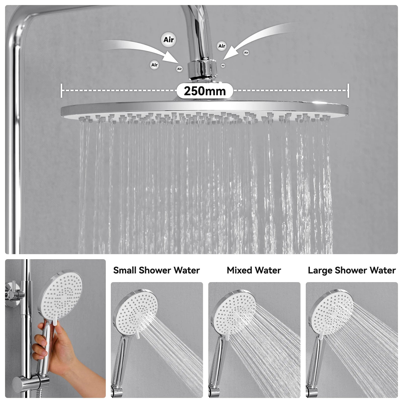 Auralum Shower Column With Thermostatic Tap, 38°C Brass Mixer, Shower Head 25 × 25 Cm, Height Adjustable 102-125cC, Chrome