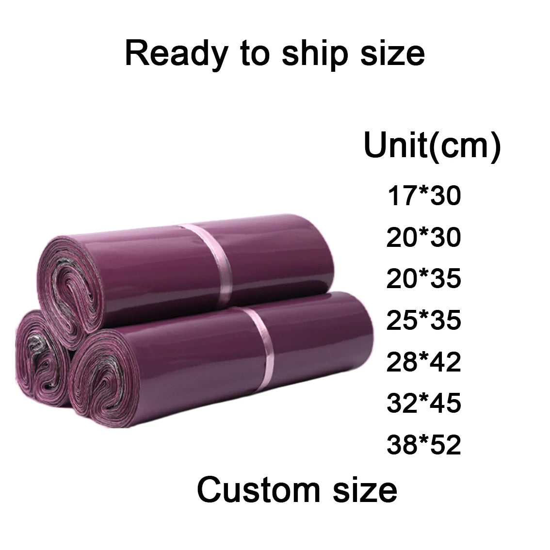 Dark purple courier poly mailer bags, rolled bundles for shipping