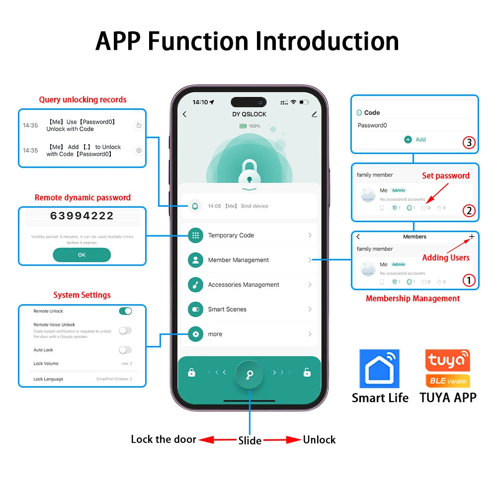 Tuya BLE WiFi Smart Door Lock Fingerprint Password RFID Card Key Unlock APP Control Electronic Deadbolt Lock for Home Office