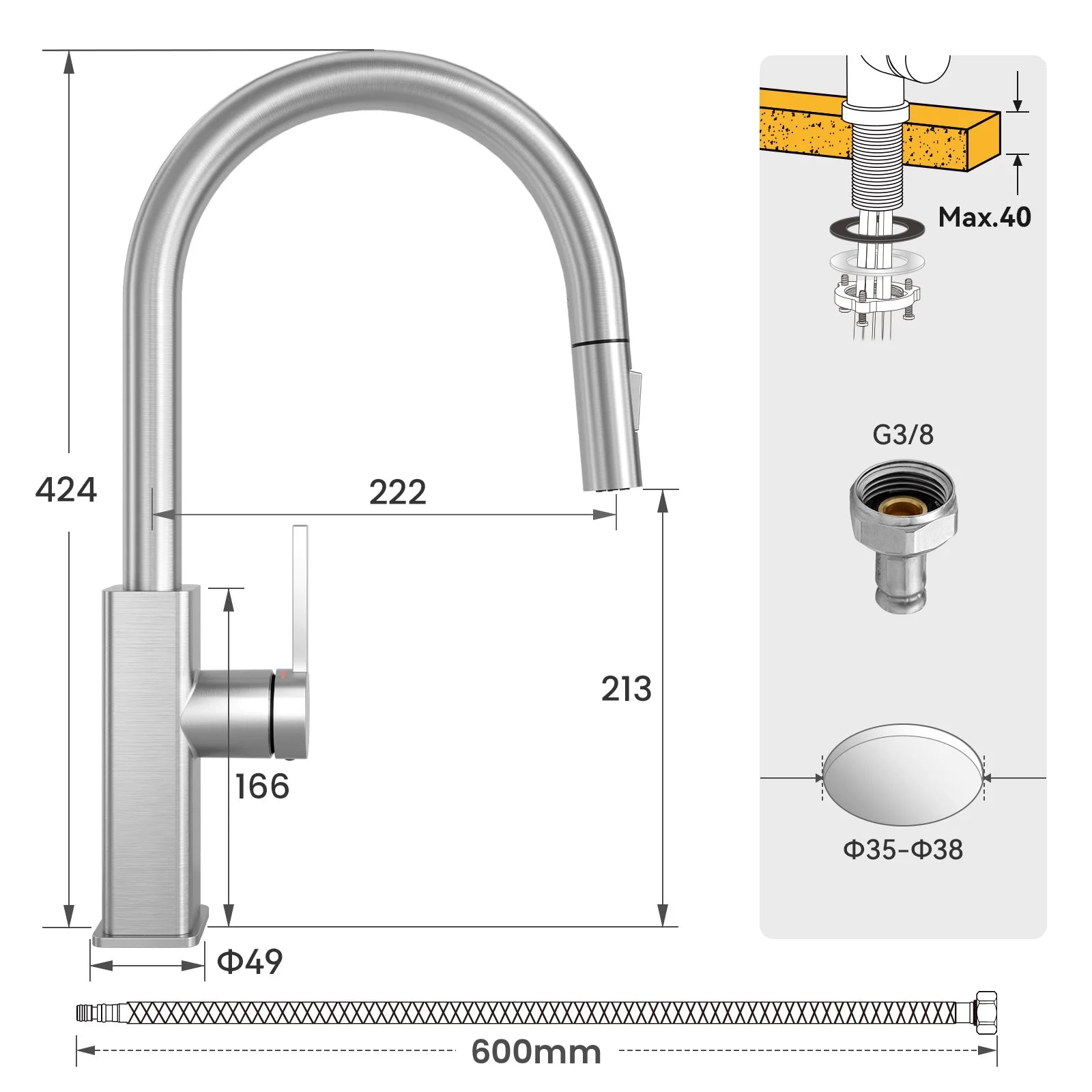 Kitchen Faucet Brushed, Screen Pull-Out Water Tap Kitchen 360 °   Rotatable, 2 Types of Spray Modes Cold Hot Water Stainless Steel 304, G3/8 Dvgw Single Handle Mixer, Sink Faucet Easy Installation