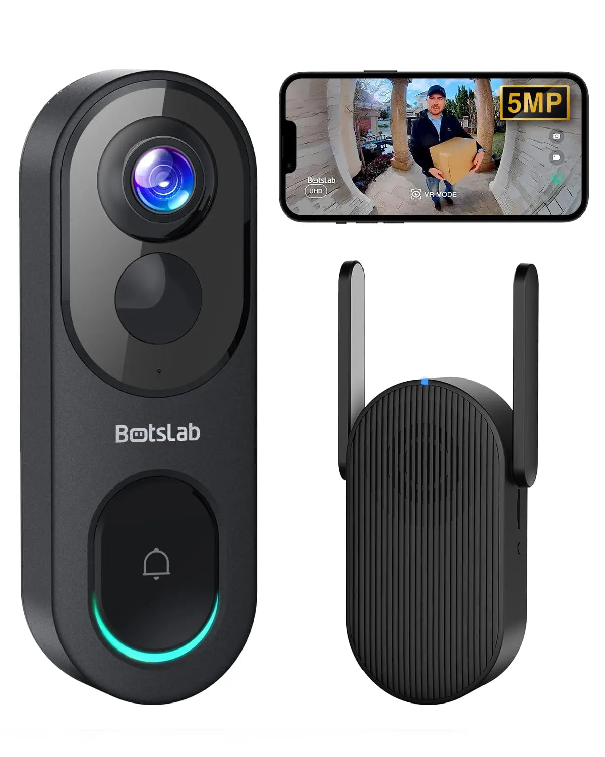 Botslab R810 180°Panoramic View Wireless Video Doorbell Camera AI Motion Detection Night Viewsion 5MP WiFi Camera Doorbell IP66 Waterproof Security Digital Door Peepholes with Cloud and Local Storage