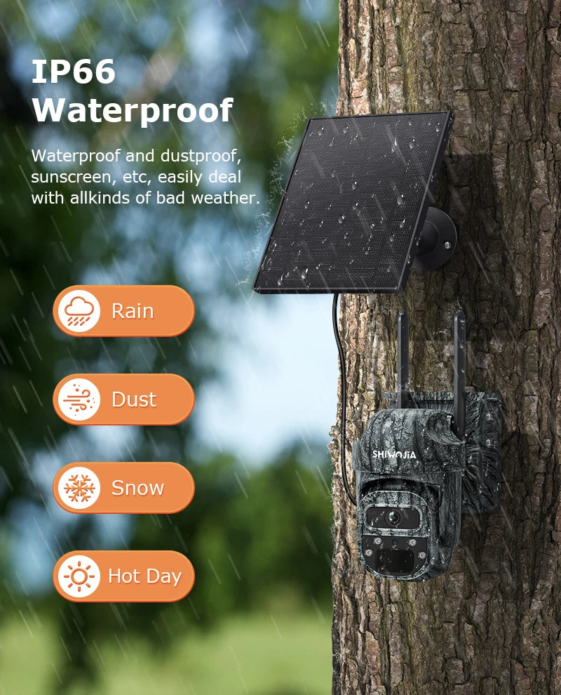 SHIWOJIA Mini PTZ Camouflage Solar Camera 4G WiFi IP65 Wide Angle AI Animal Detection Trail CCTV Security for Hunting Outdoor