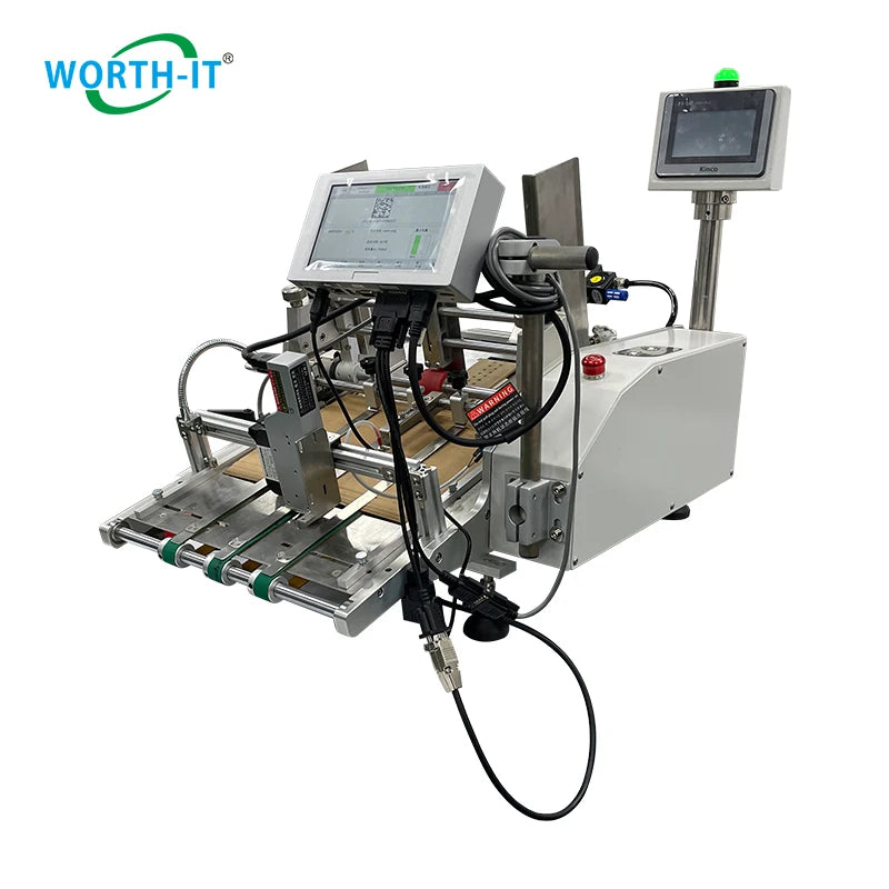 Friction feeder label printing machine with control screen and side feed rollers
