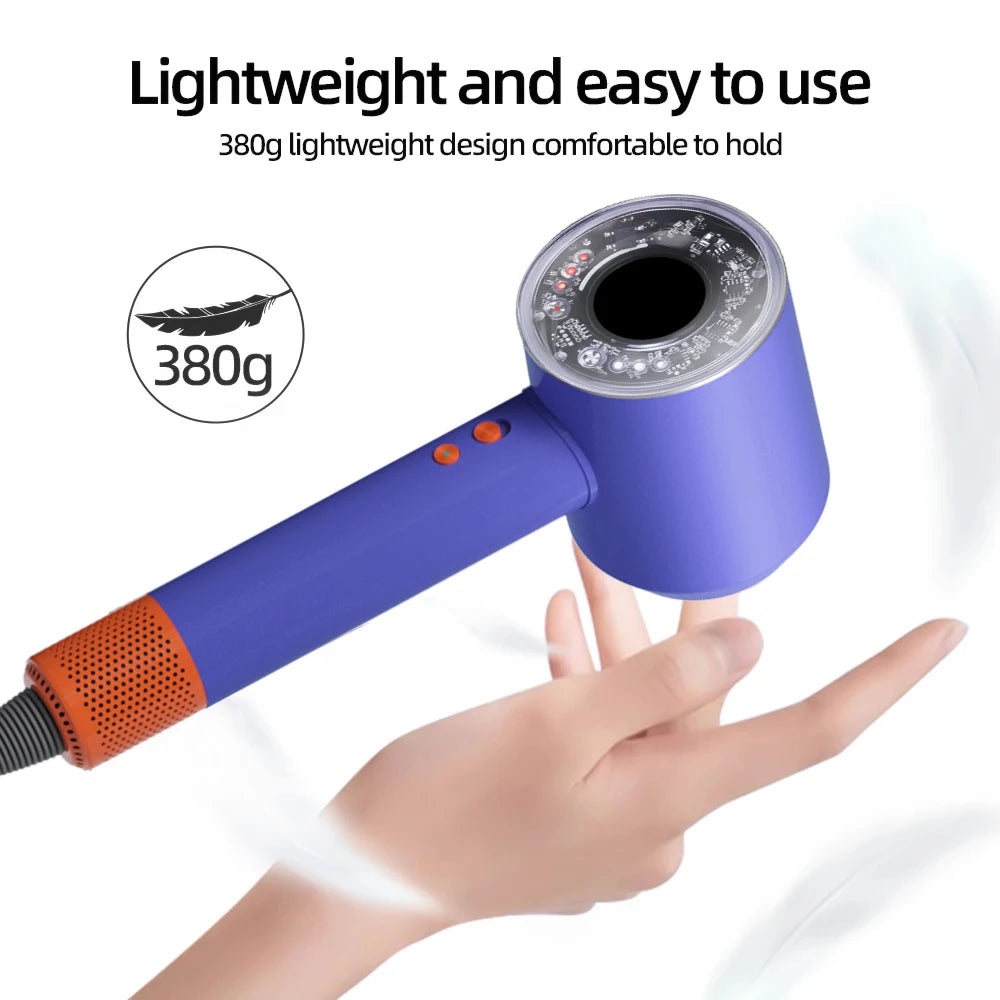 Purple and orange 380g lightweight professional ionic hair dryer with fast-drying design for easy, quiet styling.