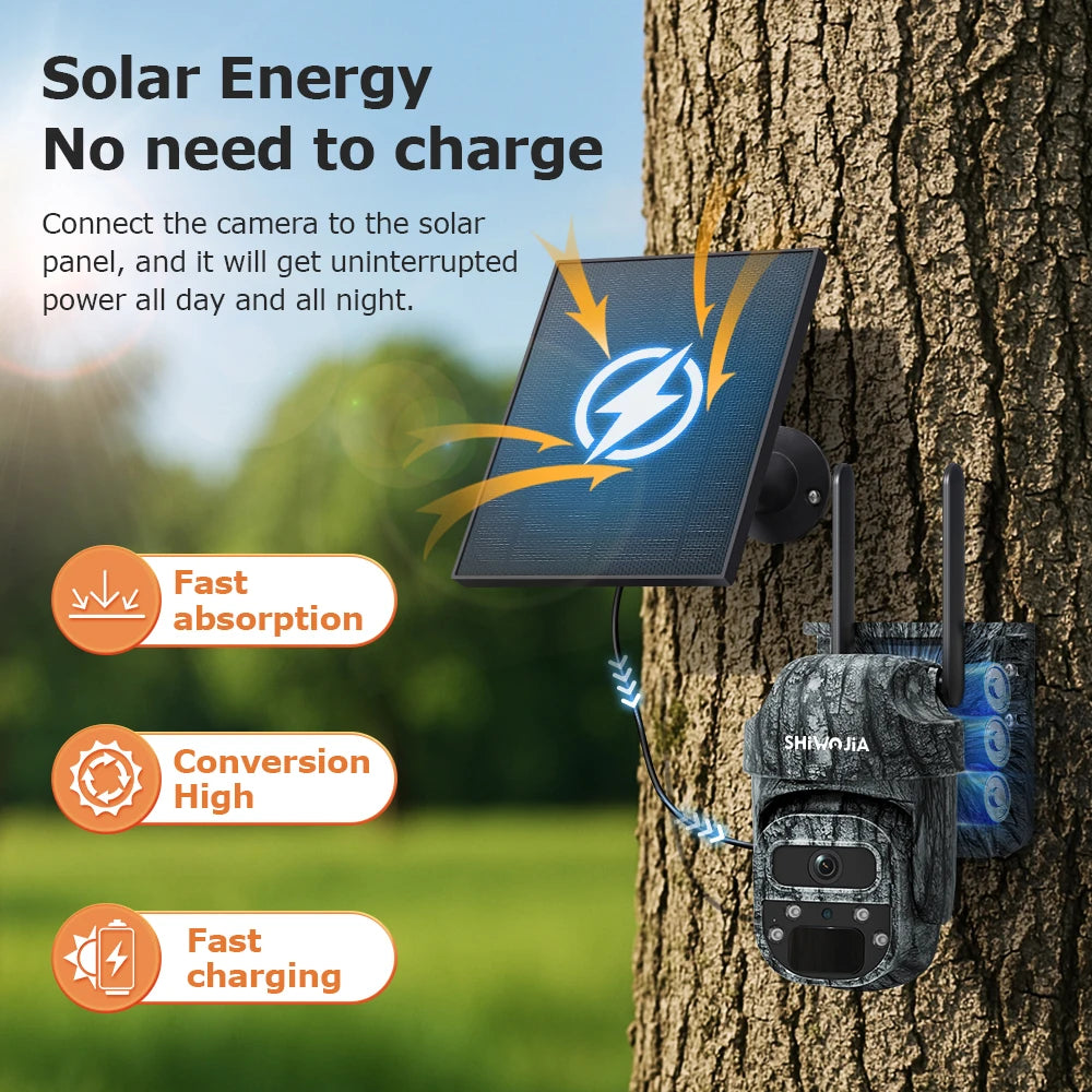 SHIWOJIA Mini PTZ Camouflage Solar Camera 4G WiFi IP65 Wide Angle AI Animal Detection Trail CCTV Security for Hunting Outdoor