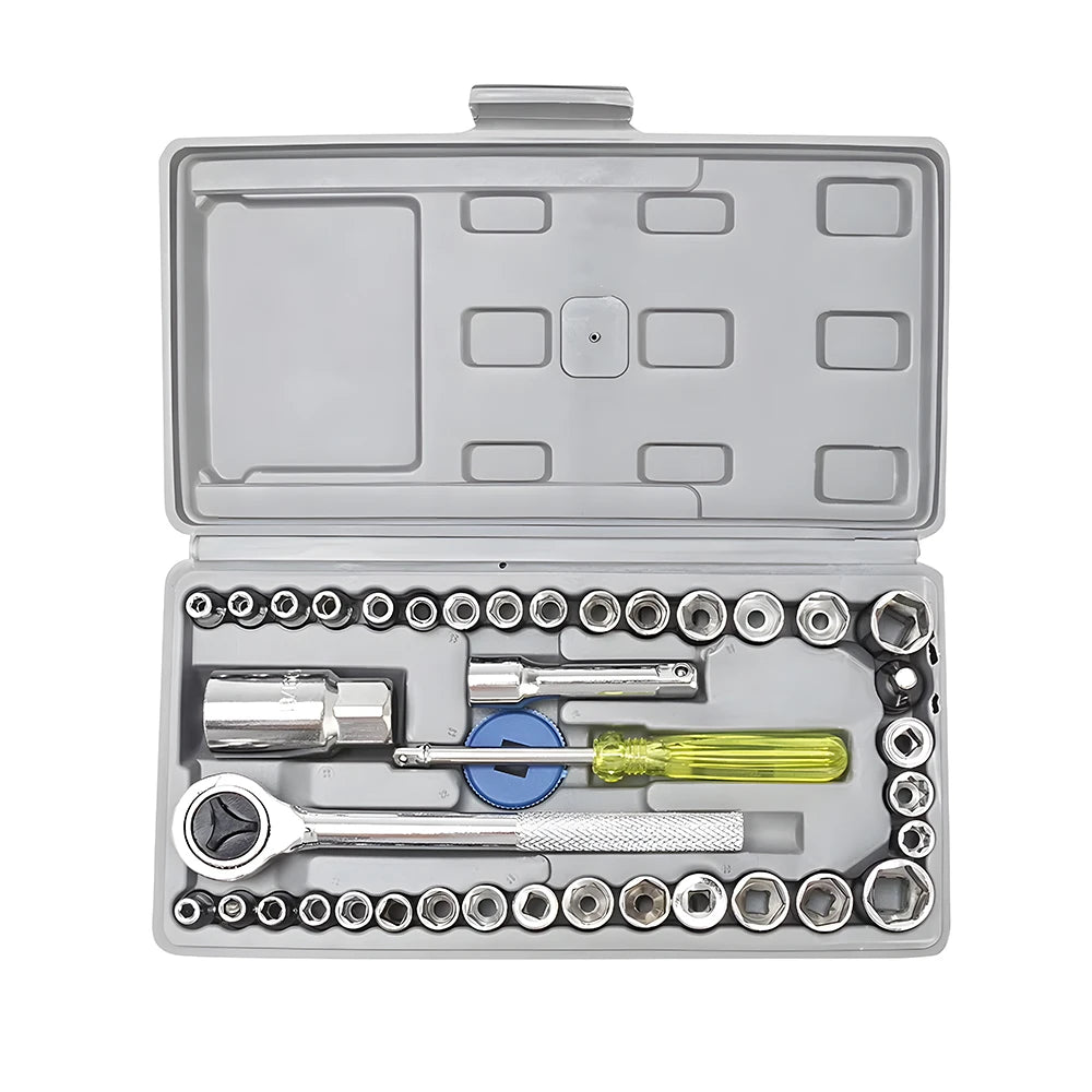 Podofo Socket Set with Ratcheting Wrenches 40 PCS Easy Using High Quality 1/4 Inch 3/8 Drive Carbon Steel Hardened Tempered Socket Mechanics Tool Kits Automotive Mechanical Tools Kit Tooling Kits For Car Maintenance