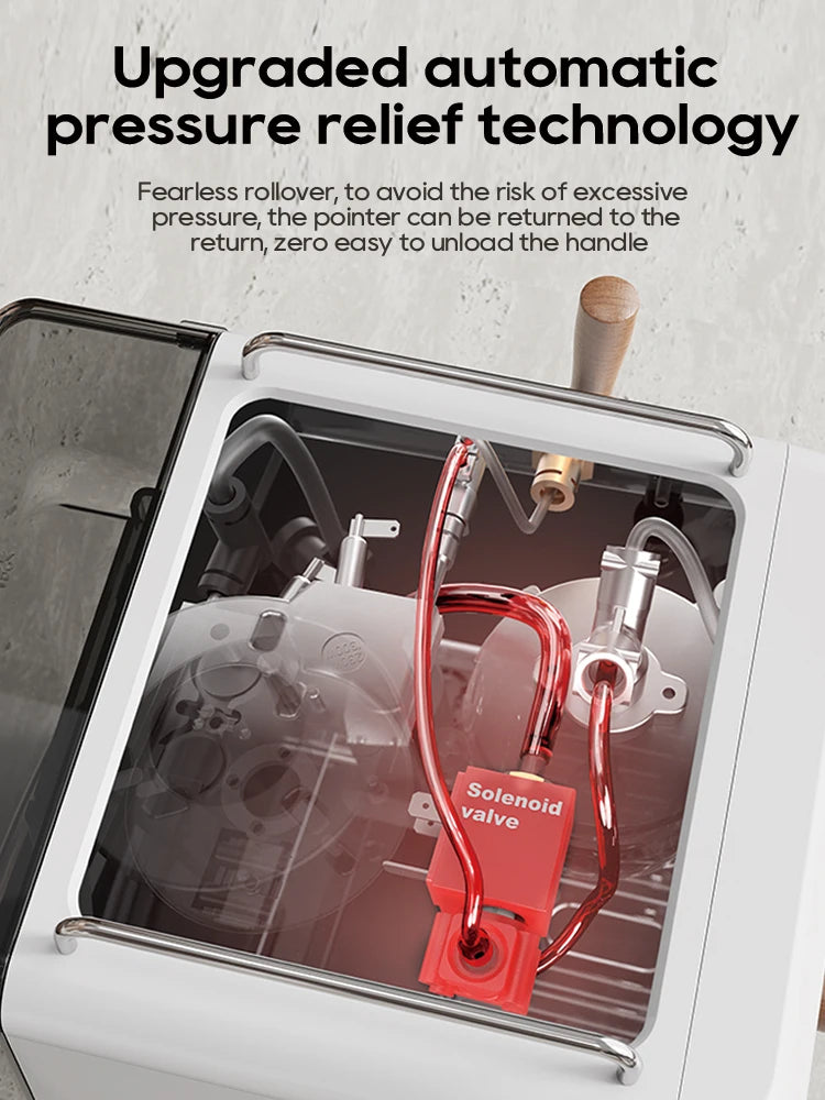 Internal view of white espresso machine showing automatic pressure relief solenoid valve and metal components.