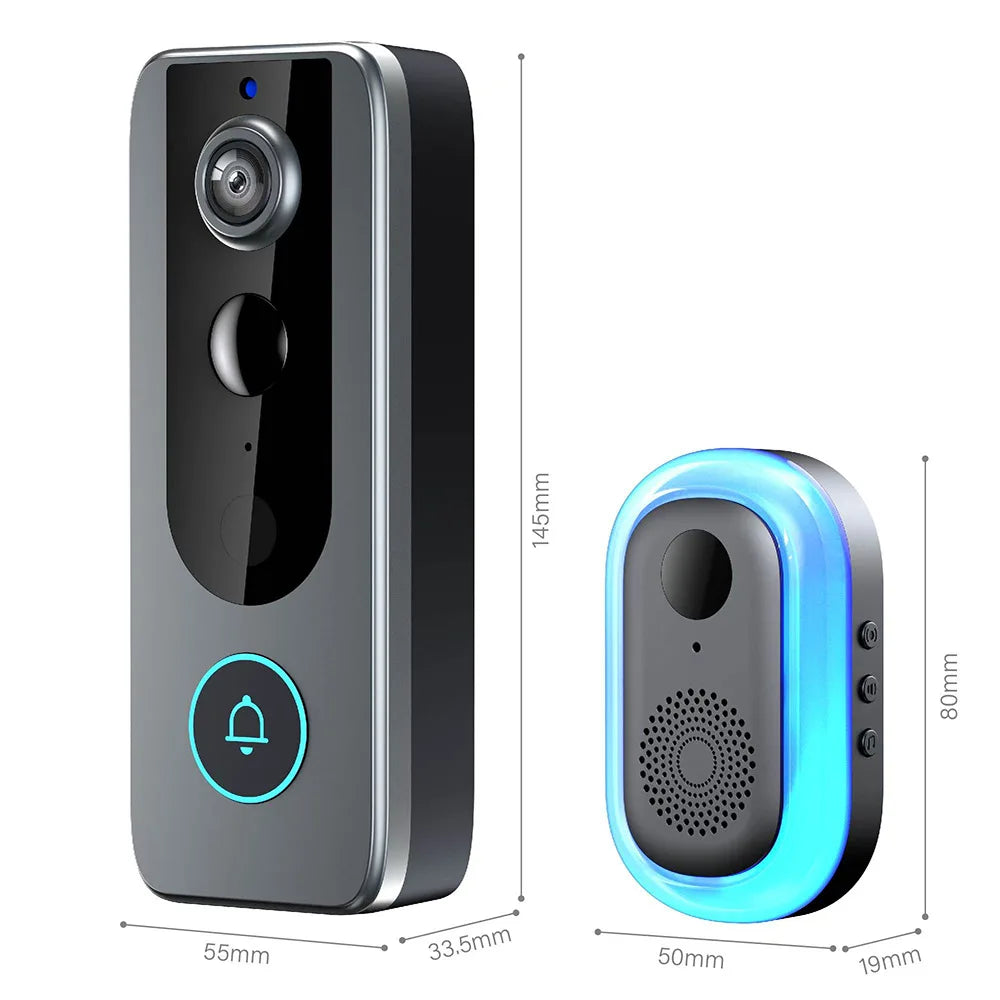 Black smart video doorbell with blue LED ring and indoor chime, size measurements shown