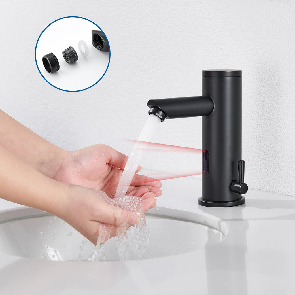 Sensor Basin Faucet Matte Black, Touchless Bathroom Sink Tap, Automatic Infrared Washbasin Mixer, Solid Brass, Battery Operated, with Check Valve, 50cm Hose, Modern Design, G3/8 Standard