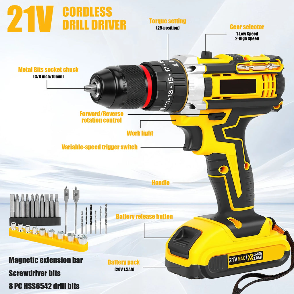 25+3 Torque Electric Impact Drill Set 120 Pcs Multipurpose Cordless Electric Screwdriver Power Tool For 21V Battery Pin