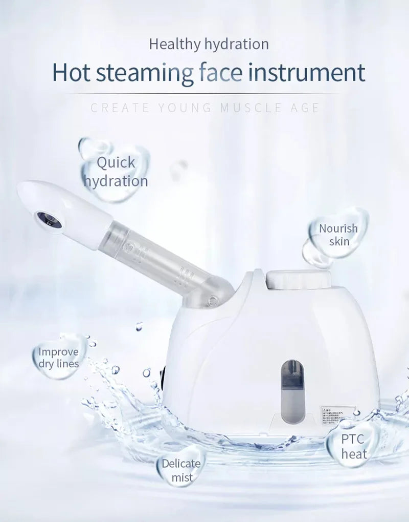 White ozone facial steamer for home spa, featuring warm mist for deep skin cleaning, hydration, and face treatment.