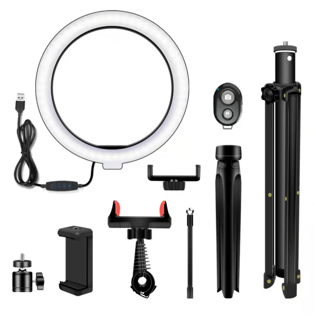 Ring light kit with USB cable, tall tripod, mini tripod, phone holders, and remote shutter for photography and video.