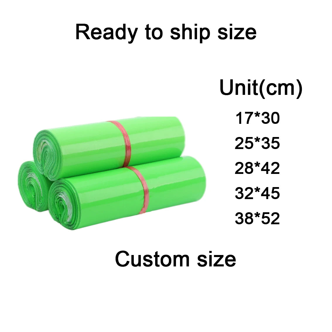 Bright green poly mailing bag rolls, ready to ship sizes listed, waterproof packaging