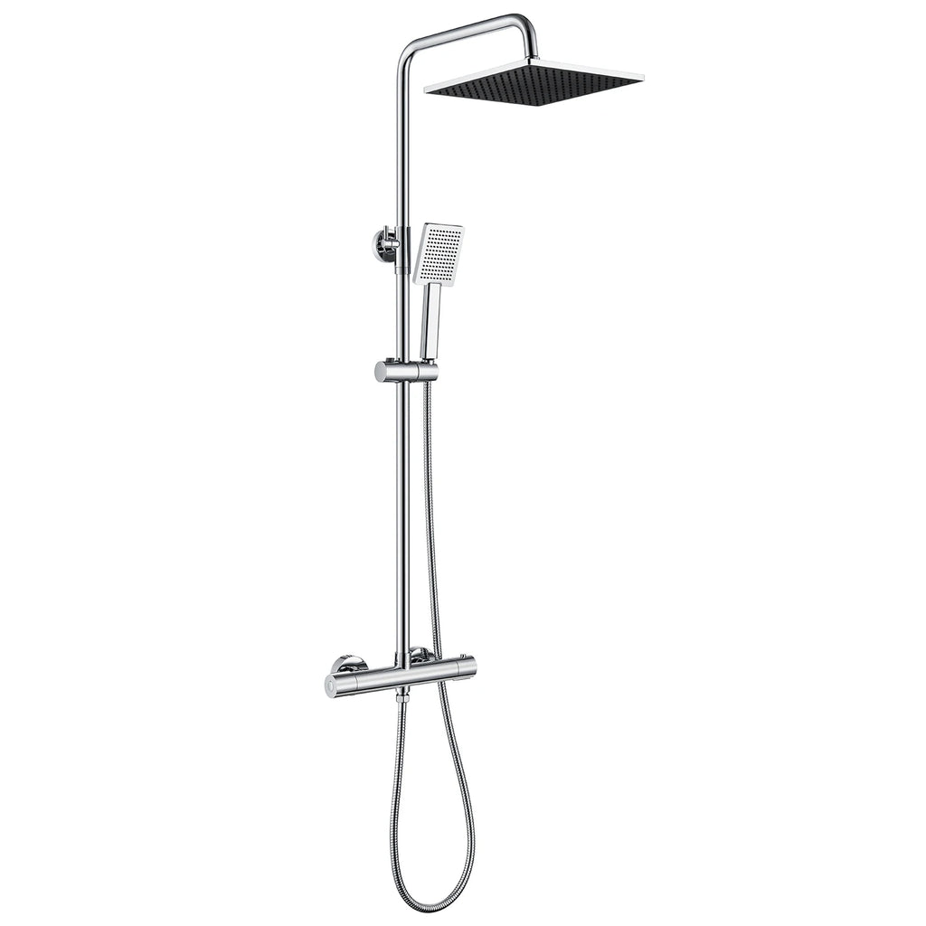 Shower bar with thermostatic mixer tap, anti-scald mixer tap, 25x25 cm shower, adjustable shower bar without drilling, Black