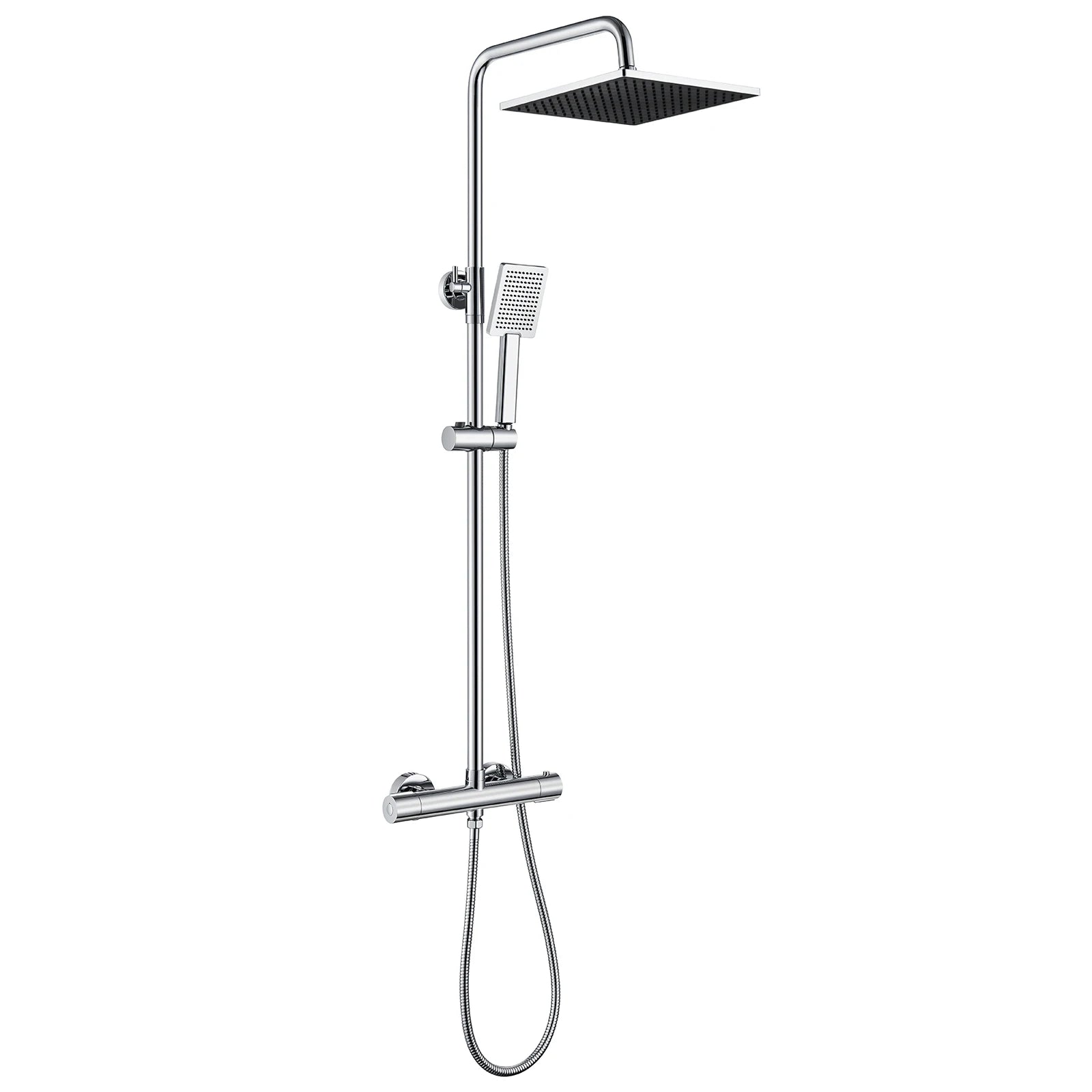 Shower bar with thermostatic mixer tap, anti-scald mixer tap, 25x25 cm shower, adjustable shower bar without drilling, Black