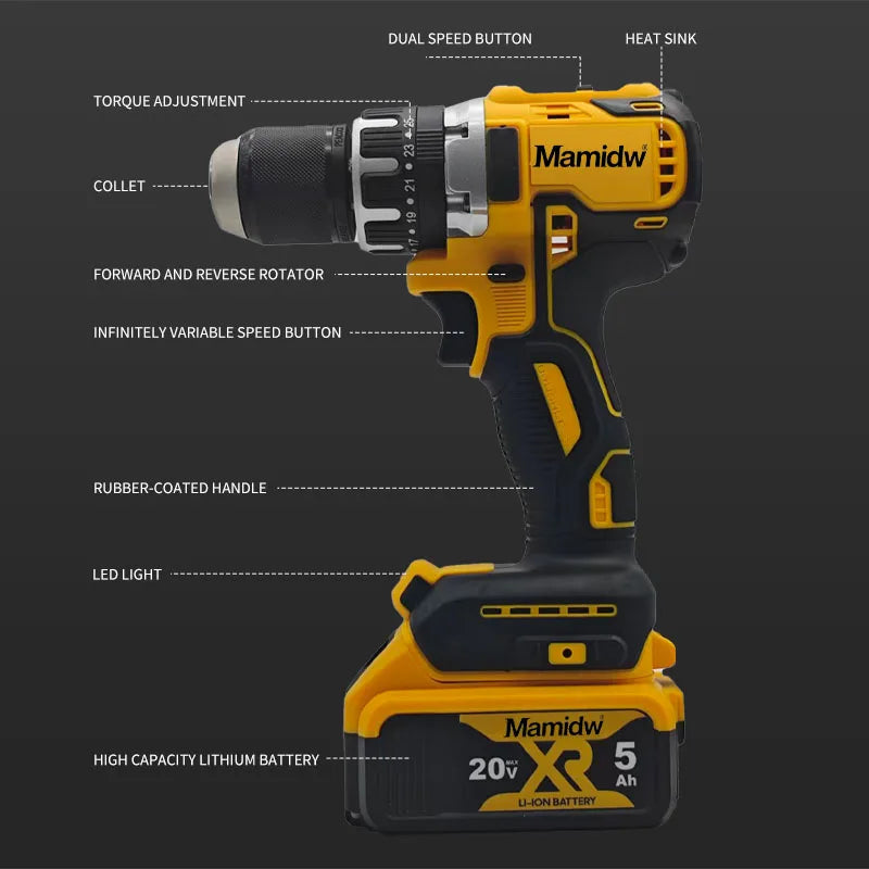 Mamidw brushless electric drill, durable build, compact design, sturdy construction, drilling machine, powerful cordless screwdriver, electric drill For DEWALT 20V Battery
