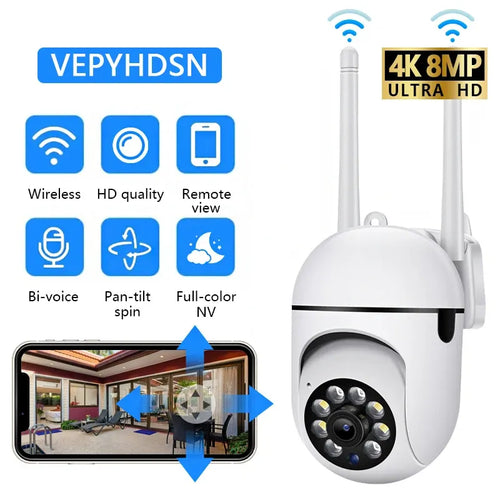 White wireless PTZ security camera with two antennas, front lens and LED array