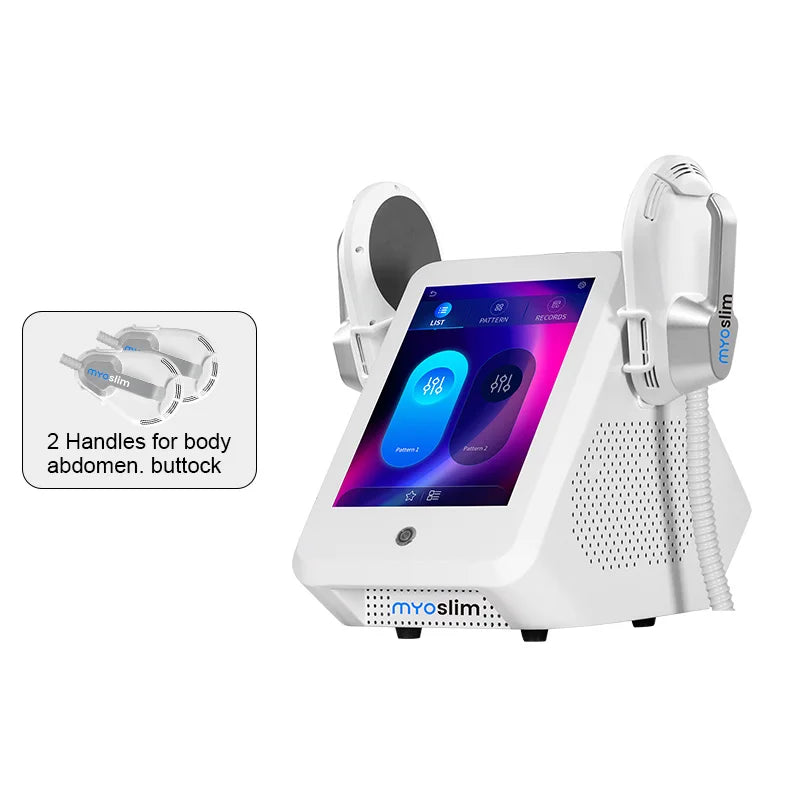 Myoslim body sculpting machine with white console, touchscreen interface, and two handheld applicators for muscle