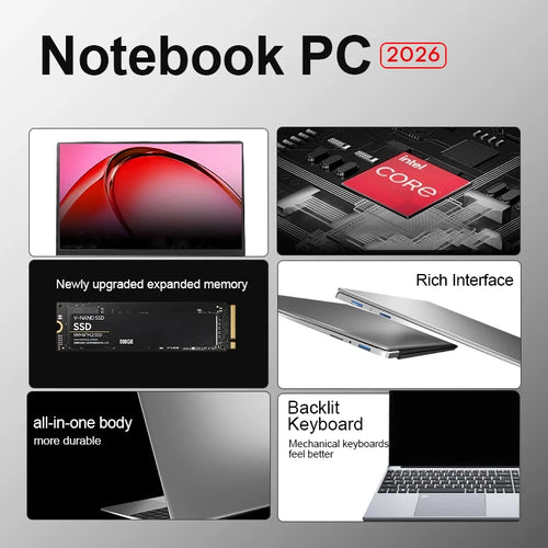 Silver 15.6-inch laptop with thin bezels, metallic finish, ports, and a backlit keyboard shown in a feature collage.