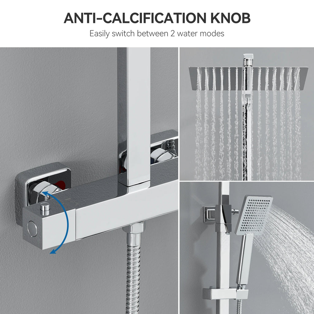 Auralum Thermostatic Shower Column, 38°C Thermostatic Mixer, Stainless Steel Shower System, Brass Faucet,12 inch, Chrome