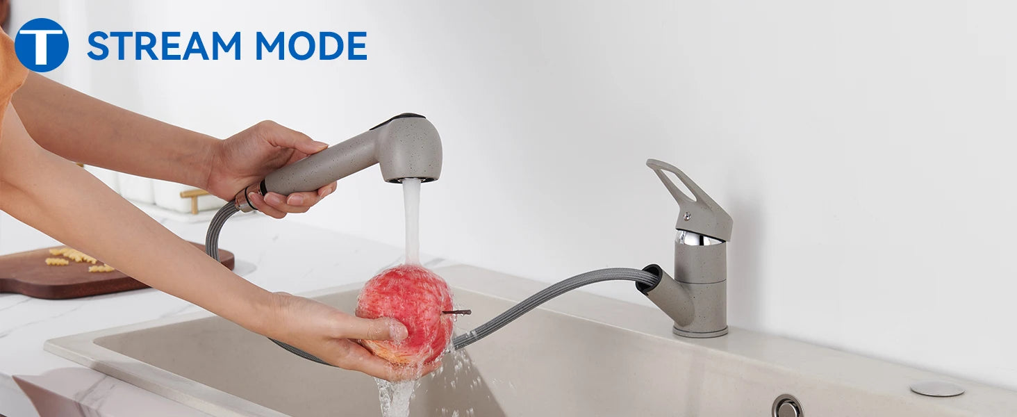 Kitchen Tap Grey, Pipe Shape Pull Out Kitchen Faucet 180 Swivel, 2 Modes Spray Hot Cold Water Mixer, Brass Body Drink Water Sink Mixer, Easy Install PEX Hose, Standard G3/8 Modern Home Laundry Deck Mounted Water Tap