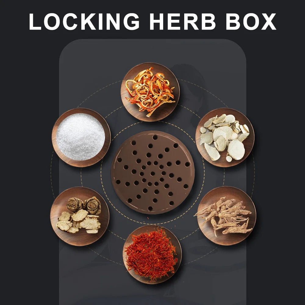 Brown circular locking herb box for a foot spa, surrounded by six small bowls containing various medicinal herbs.
