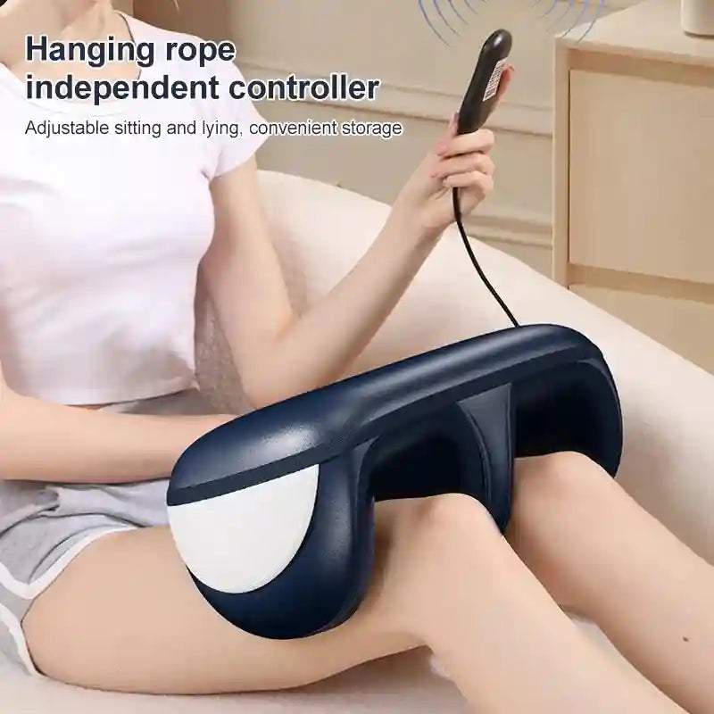 Dark blue electric leg massager with hand controller for deep tissue shiatsu kneading and calf stress relief.