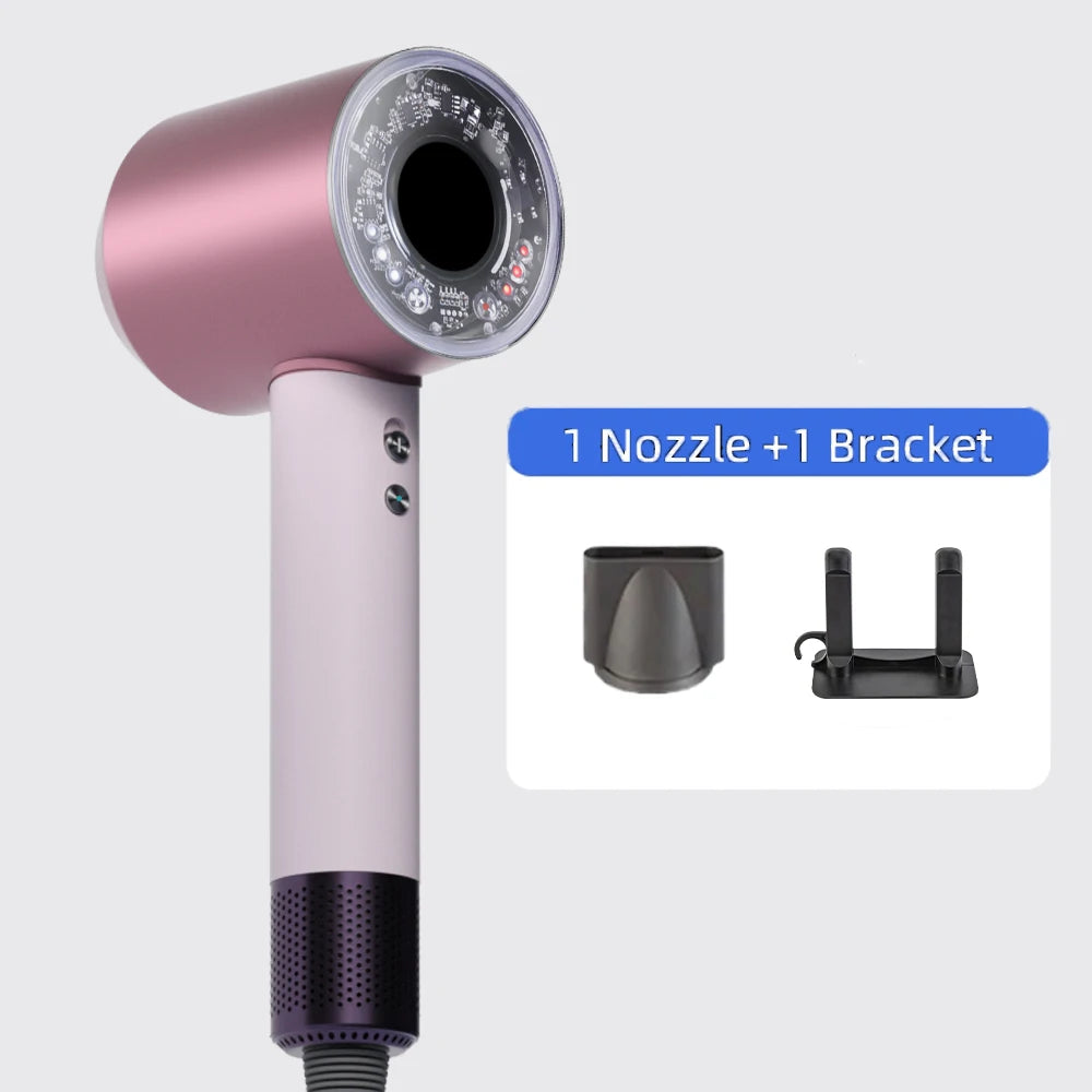 Pink professional ionic hair dryer with concentrator nozzle and wall bracket, 1200W fast drying, lightweight design.