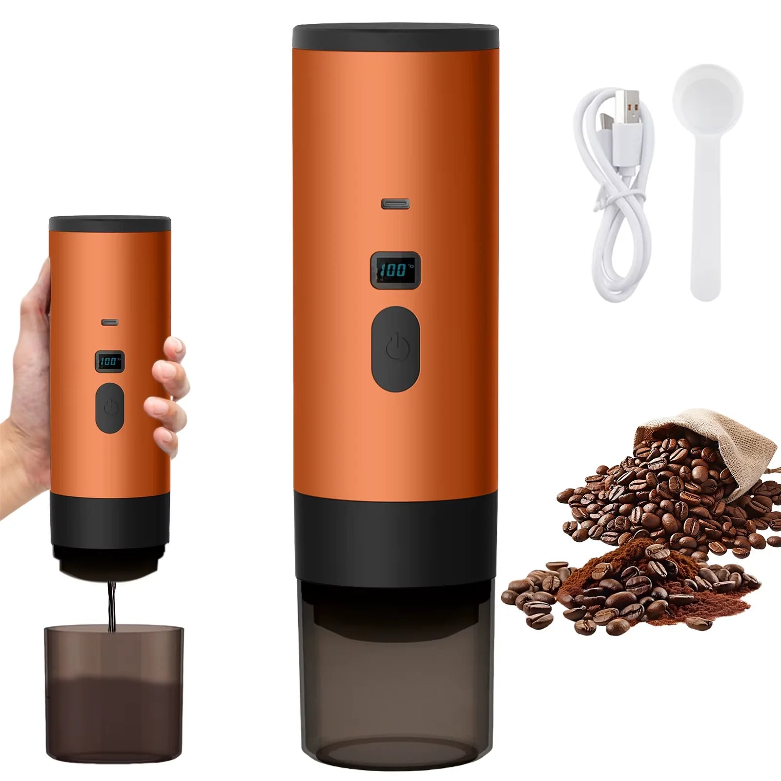 Portable electric orange coffee grinder with digital display, USB-C charging, and accessories for fresh coffee beans.