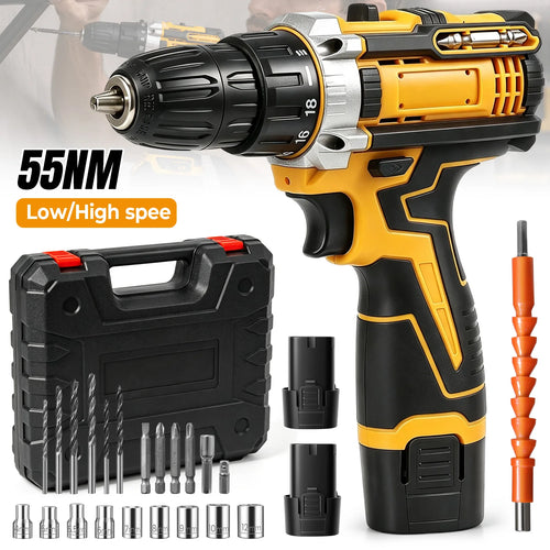 Cordless drill screwdriver set in yellow and black with bits, sockets, and two batteries.