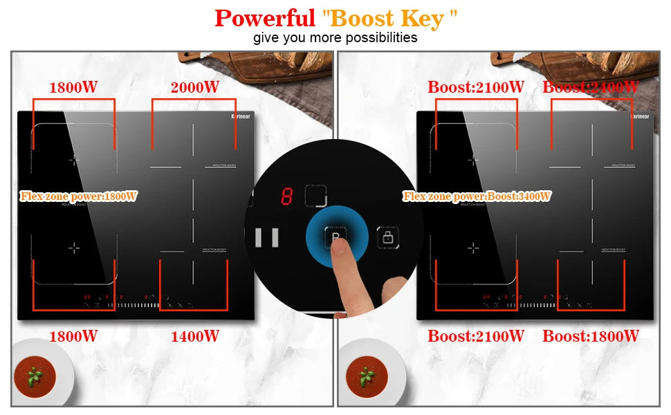 Induction cooktop control panel with slider and boost key, showing flexzone power zones