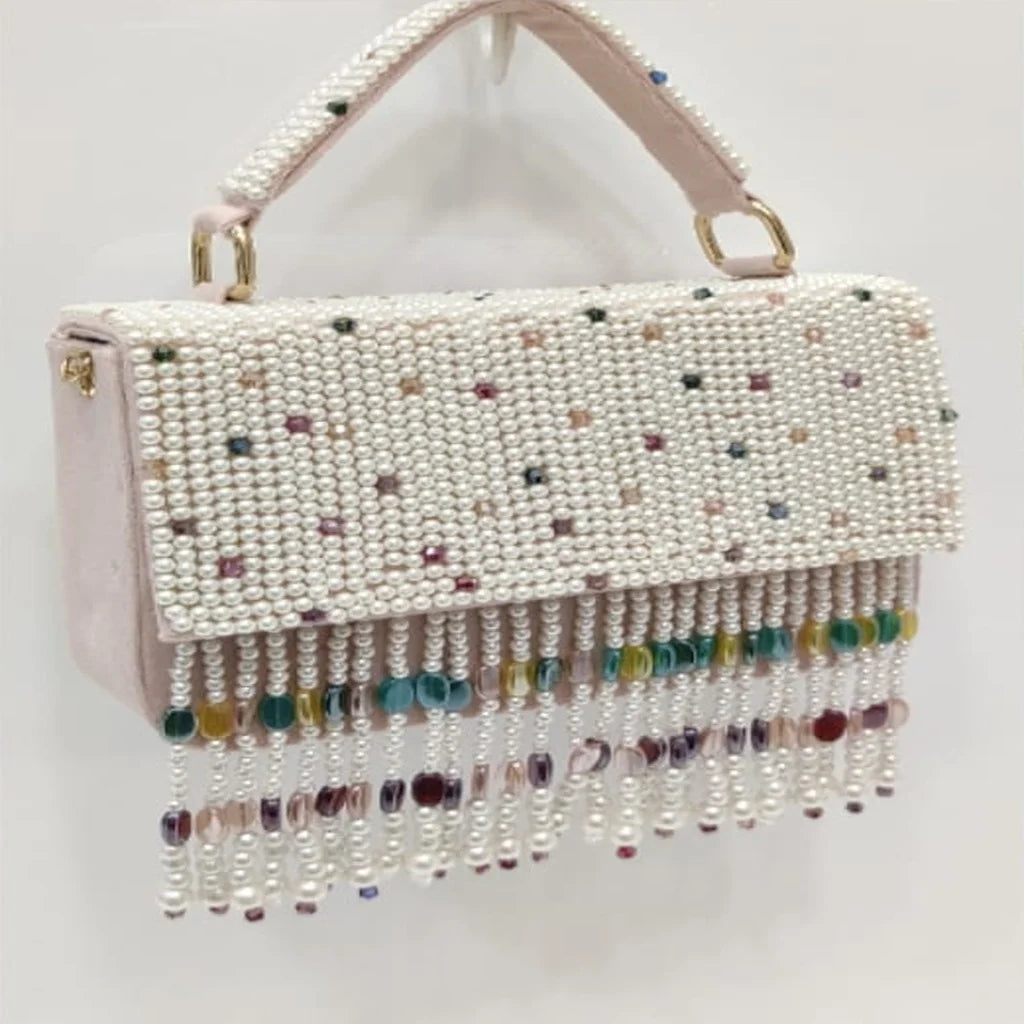 Luxury Embroidery Pearl Beaded Handbag Handmade Crystal Tassel Fringe Evening Clutch Portable 7 Inch Elegant Wedding Party Purse