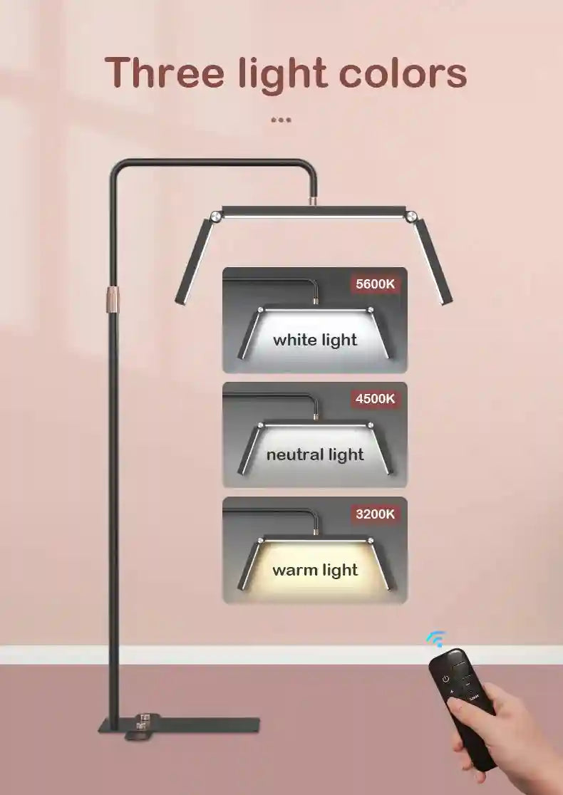 Black arched floor lamp with adjustable light heads, featuring three color temperature settings and a remote control.