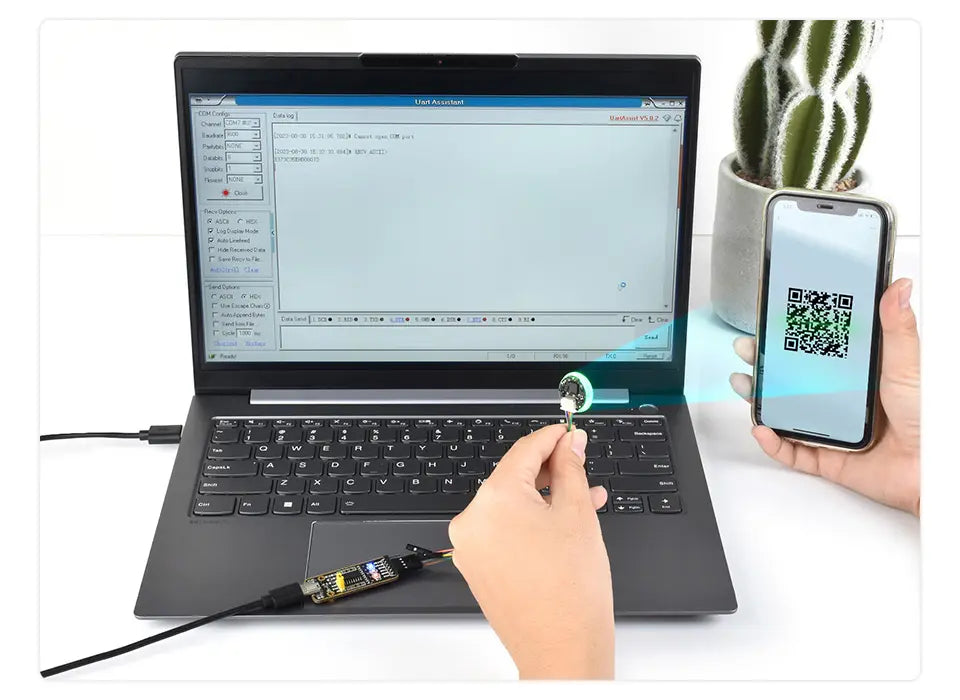 Hand-held phone shows QR code while a round barcode scanner reads from a laptop