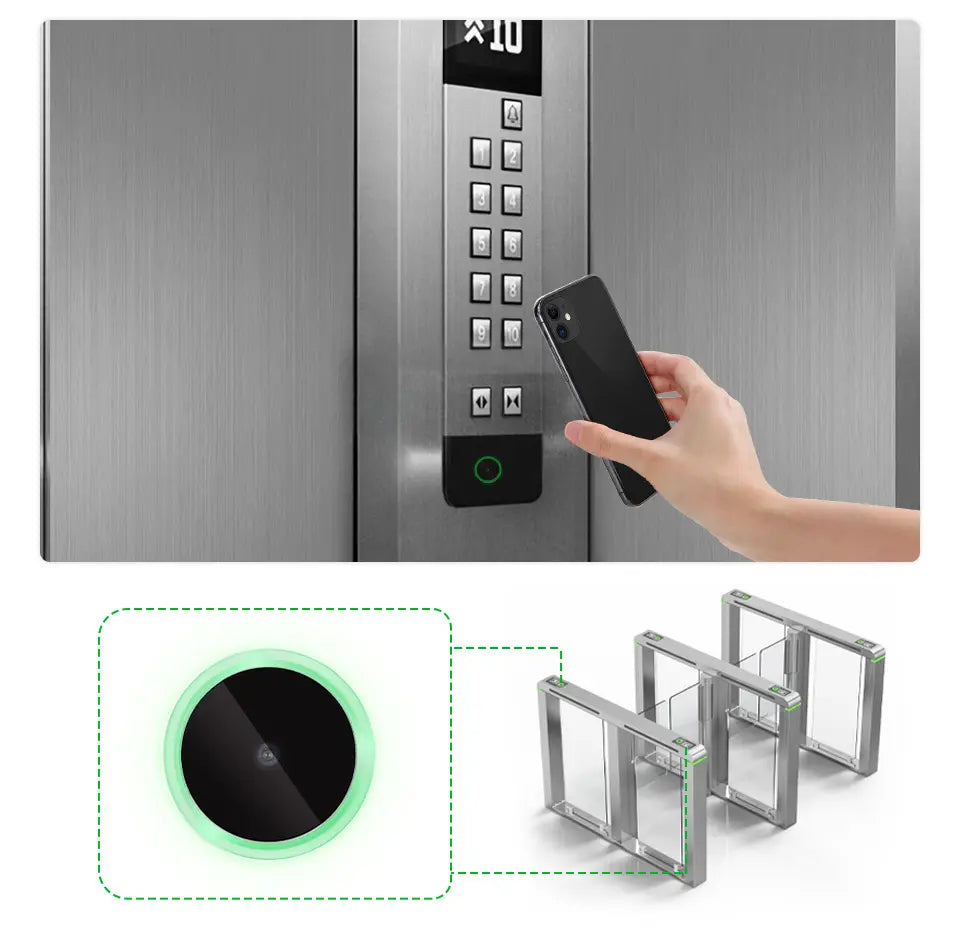 Round barcode scanner mounted on elevator panel with green status ring under hand use