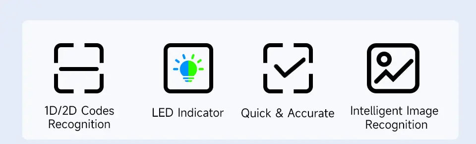 Barcode scanner feature icons for 1D/2D recognition, LED indicator, and smart imaging