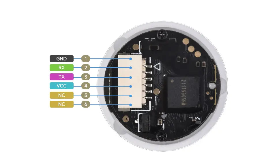 Round 2D barcode scanner PCB underside with GND, RX, TX, and other connector pins