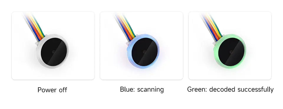 Round barcode scanner status examples: power off, blue scanning, green decoded success