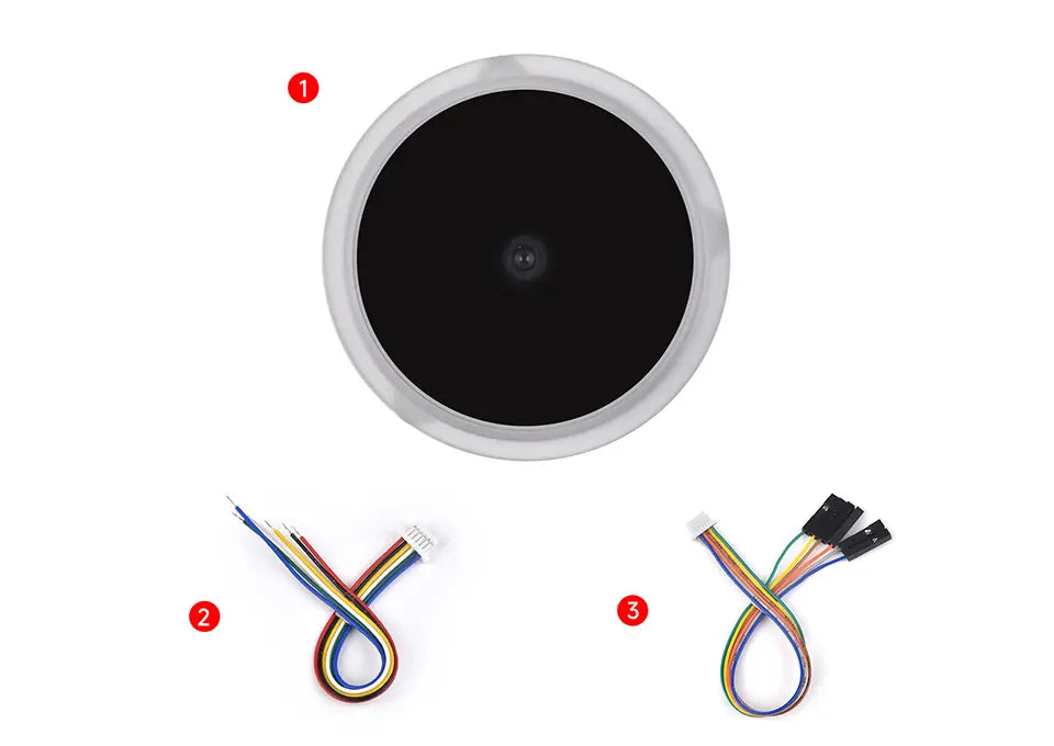 Round 2D barcode scanner module with wiring harness and labeled connection points