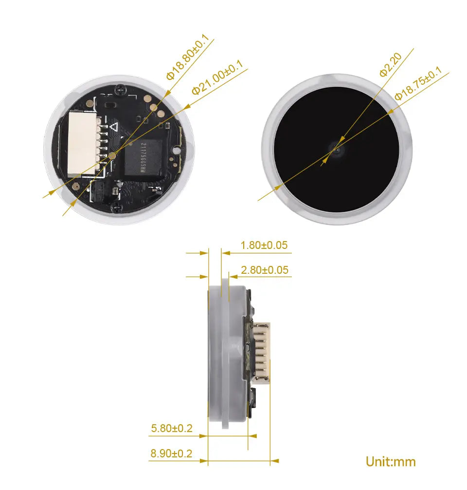 Round 2D barcode/QR scanner module PCB, side view with connector pins and size diagram