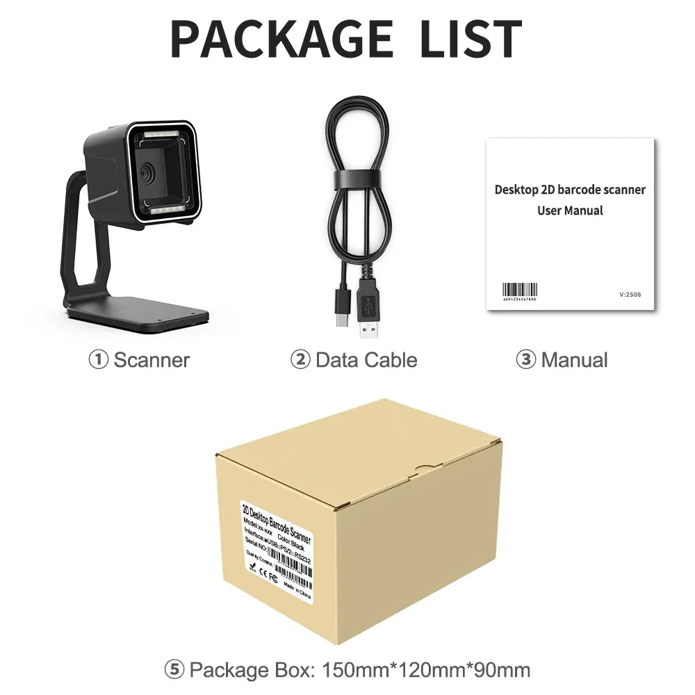 Desktop barcode scanner package contents: scanner, USB cable, manual, and box