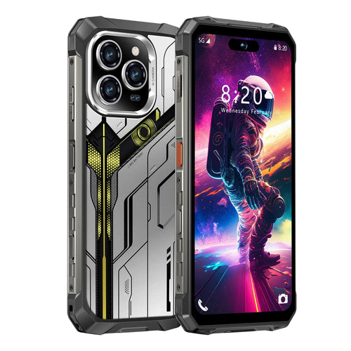 Rugged 5G smartphone with triple rear cameras, silver case, and colorful front display at 8:20