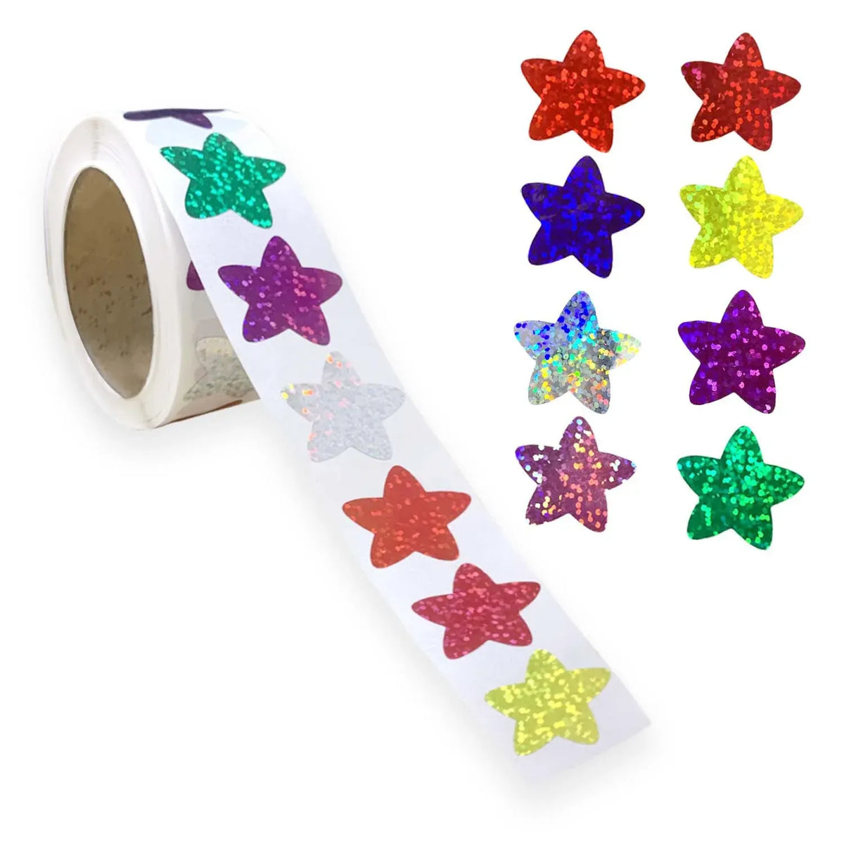 Holographic glitter star sticker roll with multicolor star cutouts