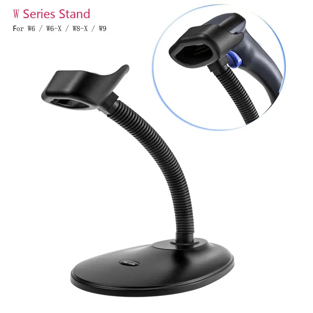 W series adjustable barcode scanner stand, black base and flexible scanning cradle