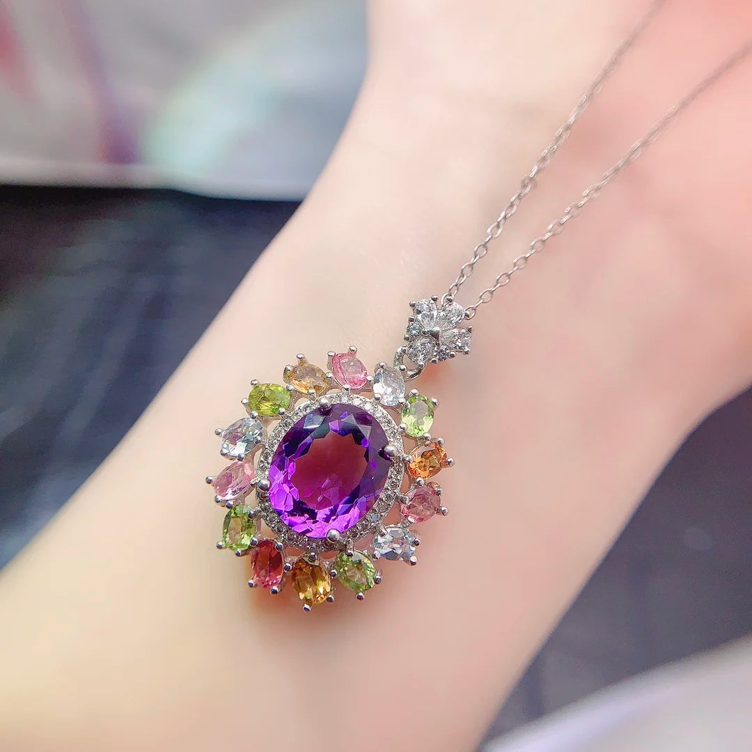 Women's 925 Sterling Silver Fine Jewelry Set Natural Tourmaline Amethyst for Parties Weddings
